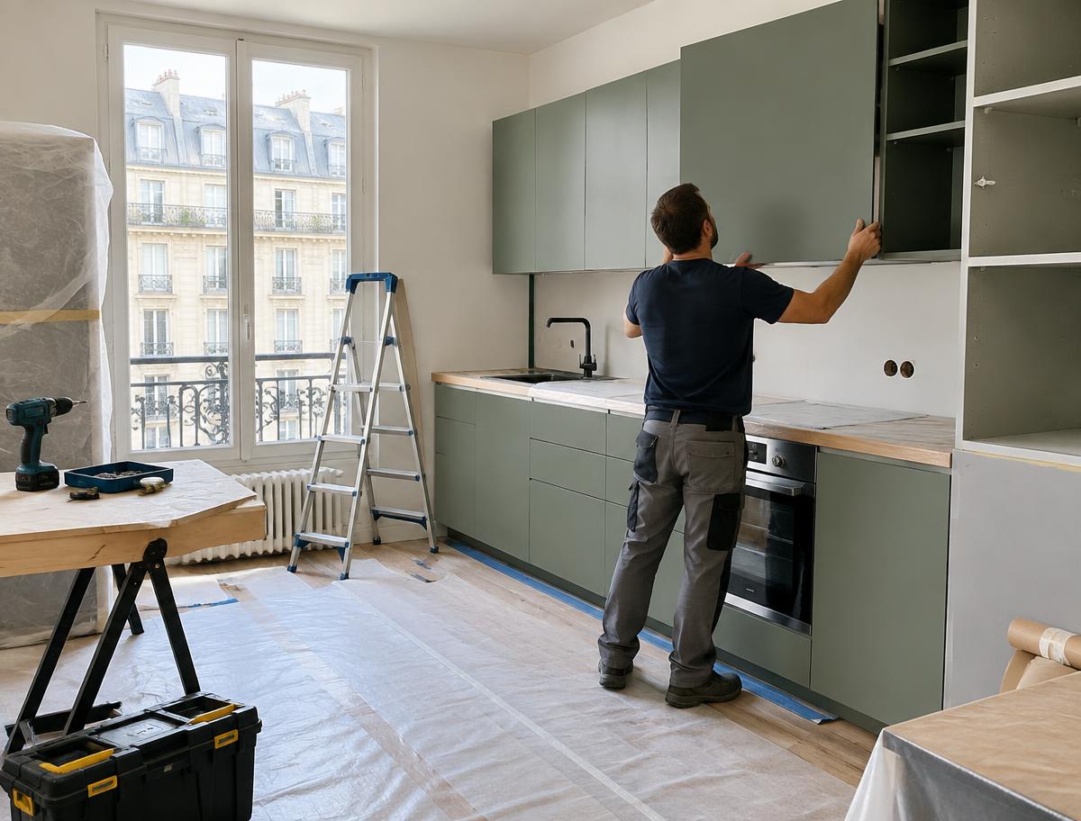 Artisan sur un chantier intérieur de démonstration