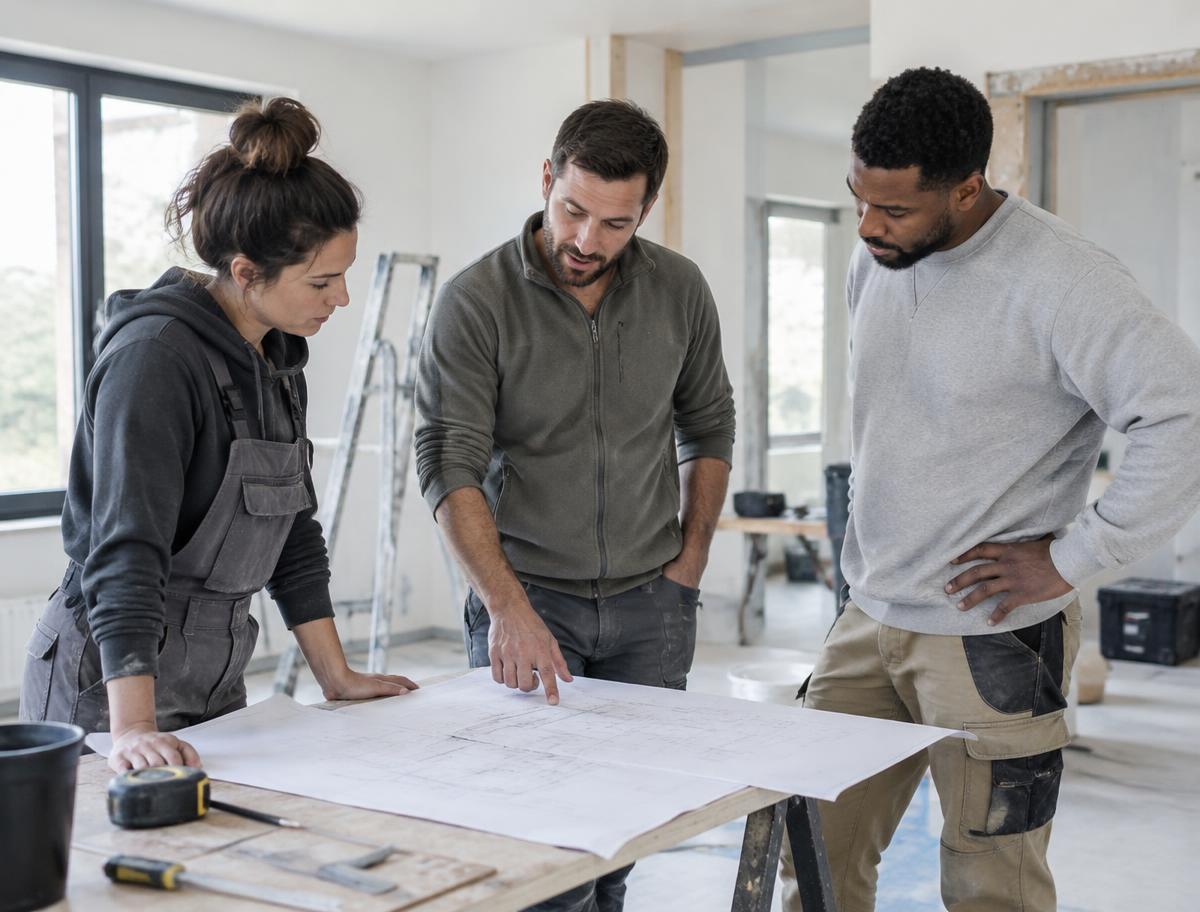 Équipe fictive étudiant un projet de rénovation